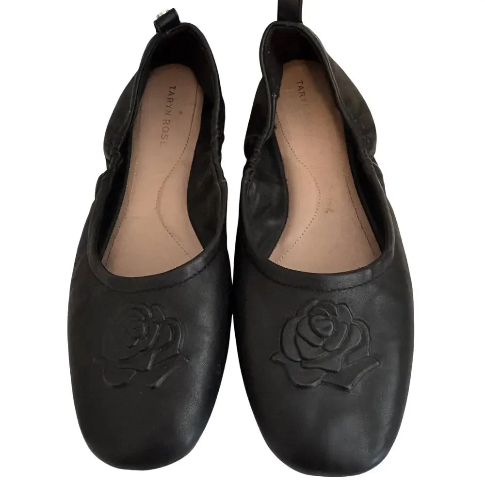 Taryn Rose Rosalyn Black Napa Leather Flower Ballet Flats Shoes Feminine